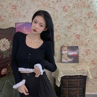 Long-sleeve Frill Trim Crop Top As Shown In Figure - One Size