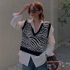 Long-sleeve Shirt / Zebra Print Knit Vest