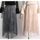 Lace Beaded Midi Pleated Skirt