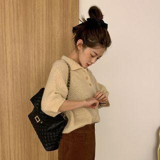 Elbow-sleeve Half-placket Waffle-knit Top
