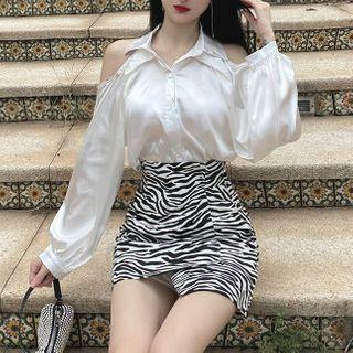 Cold-shoulder Blouse / Zebra Print A-line Skirt / Set