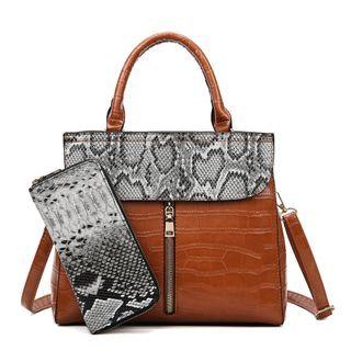 Set: Faux Leather Crossbody Bag + Python Print Long Wallet