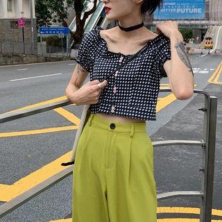 Gingham Button Off-shoulder Top / Wide-leg Shorts
