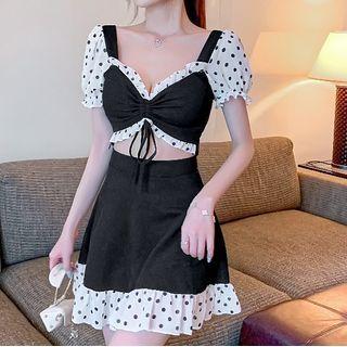 Set: Short-sleeve Frill Trim Crop Top + Mini Skirt