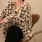 Leopard Printed V-neck Long-sleeve Sweater Almond & Black - One Size