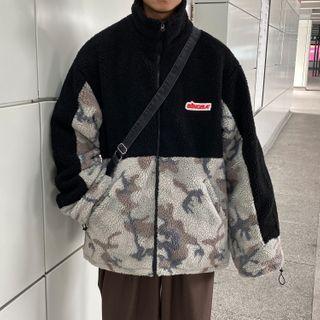 Couple Matching Print Panel Fleece Zip-up Jacket