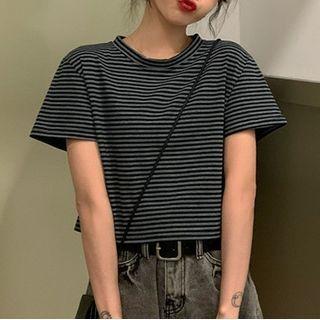 Striped Cropped T-shirt Stripe - Gray - Black - One Size