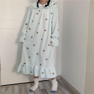 Oversized Fleece Lace Trim Long-sleeve Sleep Dress