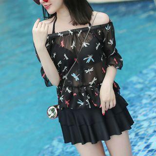 Set: Bikini Top + Swim Skirt + Dragonfly Print Cover-up