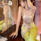 Strapless Tie-dyed Asymmetrical Top Top - Almond & Pink - One Size