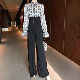 Set: Tie-neck Floral Blouse + High Waist Wide Leg Pants