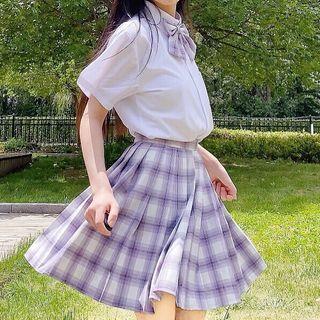 Plaid Pleated Mini A-line Skirt / Short-sleeve Shirt / Ribbon Bow Tie / Set