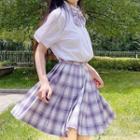 Plaid Pleated Mini A-line Skirt / Short-sleeve Shirt / Ribbon Bow Tie / Set