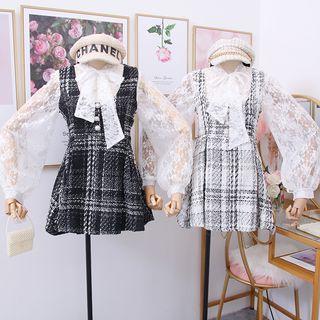 Set: Ribbon-neckline Sheer Lace Top + Wool Mini Dress