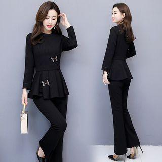 Set: Pinstriped Peplum Top + Boot-cut Dress Pants