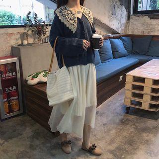 Lace-collar Shirt / V-neck Knit Cardigan