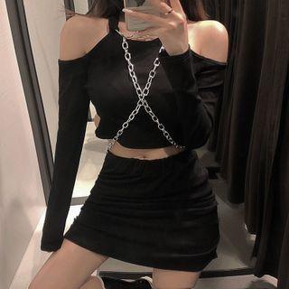 Set: Cold-shoulder Long-sleeve Top + Mini Pencil Skirt Top - Black - One Size / Skirt - Black - One Size