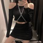 Set: Cold-shoulder Long-sleeve Top + Mini Pencil Skirt Top - Black - One Size / Skirt - Black - One Size