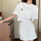 Short-sleeve Letter Print Cropped T-shirt / High-waist Drawstring Skirt