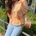 Tie-front Ruffle-trim Check Blouse