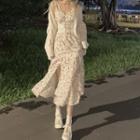 Plain Blazer / Spaghetti Strap Flower Print Midi A-line Dress / Long-sleeve Mini Dress / Lace Trim Belt