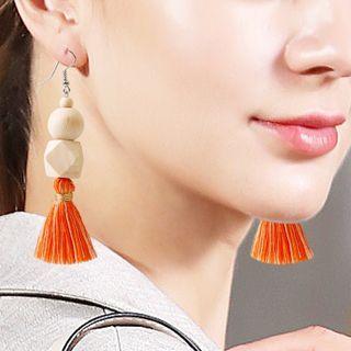 Wooden Bead Tassel Dangle Earring