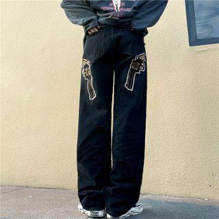 Pistol Embroidered Straight Leg Jeans