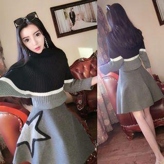 Set: Mock-neck Color Block Sweater + Star Applique A-line Skirt