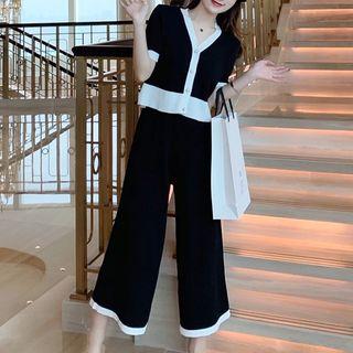 Set: Short-sleeve Contrast Trim Knit Top + Cropped Wide Leg Pants