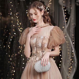 Puff-sleeve Mesh Panel Floral Embroidered Maxi A-line Gown