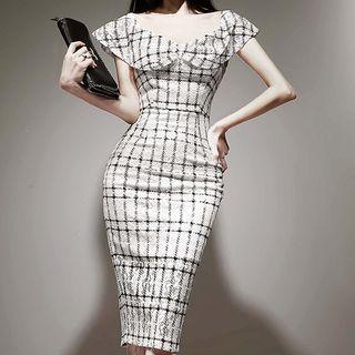 Short-sleeve Ruffle Plaid Midi Sheath Dress