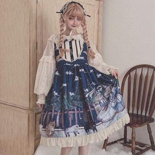Printed A-line Pinafore Dress / Lantern-sleeve Lace Blouse