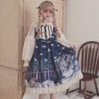 Printed A-line Pinafore Dress / Lantern-sleeve Lace Blouse