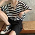 Elbow-sleeve Striped Knit Polo Shirt / Wide-leg Shorts