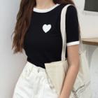 Contrast Trim Heart Embroidered Knit Top