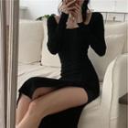 Slit Knit Midi Sheath Dress Black - One Size