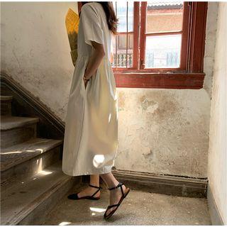 Plain Short-sleeve Dress Beige - One Size