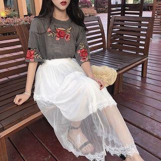 Lace Panel Tiered Midi Skirt