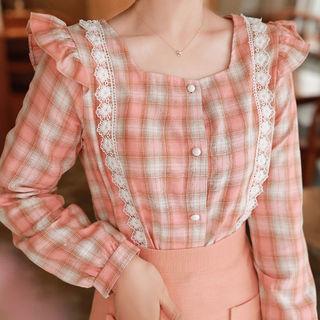 Laced Frill-trim Plaid Blouse