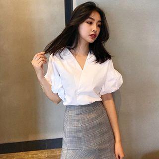 Puff-sleeve V-neck Blouse / Plaid Asymmetrical A-line Skirt