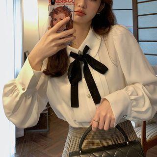 Set: Long-sleeve Collared Blouse + Bow Tie