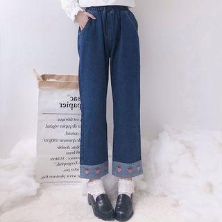 Strawberry Embroidered Cropped Straight-cut Jeans