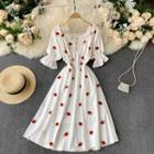 Puff-sleeve Strawberry Embroidered A-line Dress