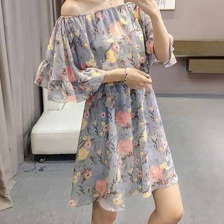 Floral Print Off-shoulder Elbow-sleeve A-line Dress