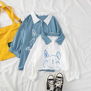 Contrast Collar Rabbit Print Polo Shirt