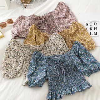 Floral Ruffle Trim Smocked Off-shoulder Blouse