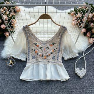 Cutout Embroidered Knit Panel Chiffon Top