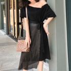 Set: Off-shoulder Short-sleeve T-shirt + Midi Sequined A-line Skirt