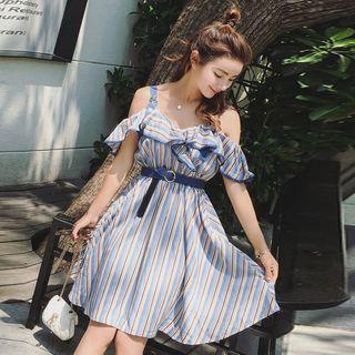 Striped Off Shoulder A-line Dress