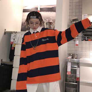 Lettering Embroidered Striped Polo Sweatshirt Stripe - Orange & Black - One Size